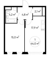 Планировка однокомнатной(квартира) площадью 44 квадратных метров в “ЖК Переделкино Ближнее”