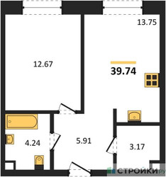 Планировка однокомнатной(квартира) площадью 39.74 квадратных метров в ЖК “ЖК УЛЬТИМА Сити”