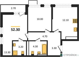 Планировка двухкомнатной(квартира) площадью 52.3 квадратных метров в “ЖК Бунинские кварталы”