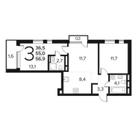 Планировка трехкомнатной(квартира) площадью 56.9 квадратных метров в “Новые Ватутинки. Заречный”