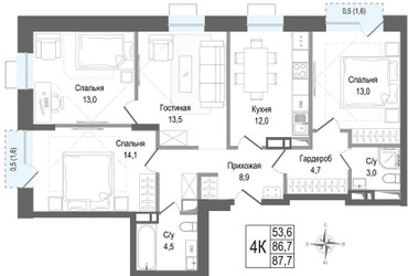 Планировка 4+ комнатной(квартира) площадью 86.7 квадратных метров в ЖК “ЖК КИНОКВАРТАЛ”