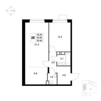 Планировка двухкомнатной(квартира) площадью 52.6 квадратных метров в “ЖК Легенда Марусино”