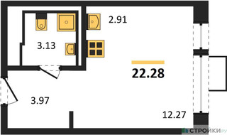 Планировка студии(квартира) площадью 22.28 квадратных метров в “ЖК Квартал Ивакино”