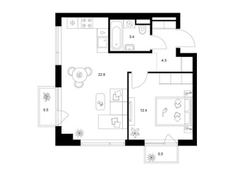 Планировка однокомнатной(квартира) площадью 44 квадратных метров в ЖК “Бунинская набережная”