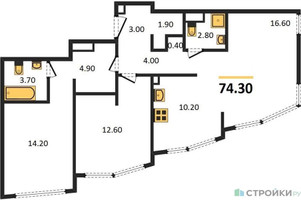 Планировка двухкомнатной(квартира) площадью 74.3 квадратных метров в “ЖК ROTTERDAM (Роттердам)”