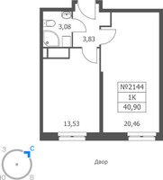 Планировка однокомнатной(апартаменты) площадью 40.9 квадратных метров в “ЖК Волковская 67”