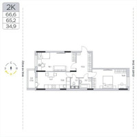 Планировка двухкомнатной(квартира) площадью 65.4 квадратных метров в “ЖК Пироговская Ривьера”