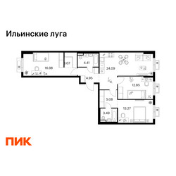 Планировка трехкомнатной(квартира) площадью 88.19 квадратных метров в ЖК “ЖК Ильинские луга”