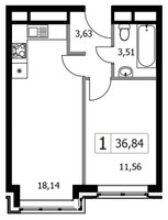Планировка однокомнатной(квартира) площадью 36.84 квадратных метров в “ЖК Городские Истории”