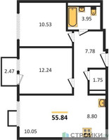 Планировка двухкомнатной(квартира) площадью 55.84 квадратных метров в “ЖК Остафьево”