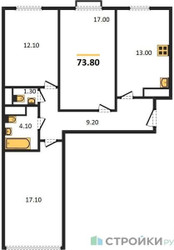 Планировка трехкомнатной(квартира) площадью 73.8 квадратных метров в ЖК “ЖК Датский Квартал”