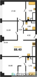 Планировка трехкомнатной(квартира) площадью 88.4 квадратных метров в ЖК “ЖК СТОУН Грэйн”