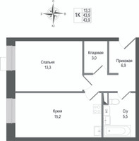 Планировка однокомнатной(квартира) площадью 43.9 квадратных метров в “ЖК КИНОКВАРТАЛ”