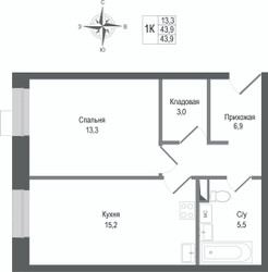 Планировка однокомнатной(квартира) площадью 43.9 квадратных метров в ЖК “ЖК КИНОКВАРТАЛ”