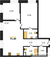 Планировка двухкомнатной(квартира) площадью 75.3 квадратных метров в “ЖК STONE Rise (Райз)”