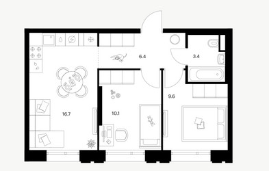 Планировка двухкомнатной(квартира) площадью 46.2 квадратных метров в ЖК “ЖК Москворечье”