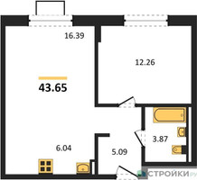 Планировка однокомнатной(квартира) площадью 43.65 квадратных метров в “ЖК Подольские кварталы”