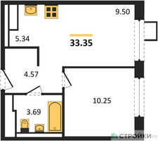 Планировка однокомнатной(квартира) площадью 33.35 квадратных метров в “ЖК Пригород Лесное”