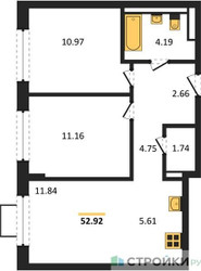 Планировка двухкомнатной(квартира) площадью 52.92 квадратных метров в ЖК “ЖК Квартал Западный”