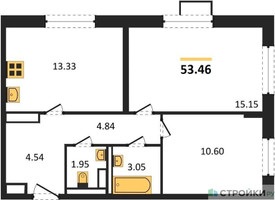 Планировка двухкомнатной(квартира) площадью 53.46 квадратных метров в “ЖК Пятницкие луга”