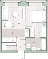 Планировка однокомнатной(квартира) площадью 35.8 квадратных метров в “ЖК Среда на Лобачевского”