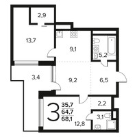 Планировка трехкомнатной(квартира) площадью 68.1 квадратных метров в “Новые Ватутинки. Заречный”