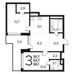 Планировка трехкомнатной(квартира) площадью 68.1 квадратных метров в ЖК “Новые Ватутинки. Заречный”