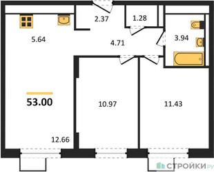 Планировка двухкомнатной(квартира) площадью 53 квадратных метров в ЖК “ЖК Алхимово”