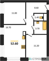 Планировка двухкомнатной(квартира) площадью 52.6 квадратных метров в “ЖК Обручева 30”