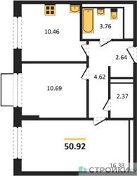 Планировка двухкомнатной(квартира) площадью 50.92 квадратных метров в ЖК “ЖК Квартал Марьино”