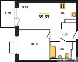Планировка однокомнатной(квартира) площадью 35.63 квадратных метров в “ЖК Алхимово”