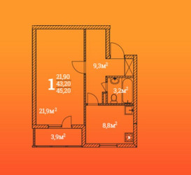 Планировка однокомнатной(квартира) площадью 45.2 квадратных метров в ЖК “ЖК Метелица”
