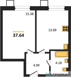 Планировка однокомнатной(квартира) площадью 37.64 квадратных метров в ЖК “ЖК Бархат”