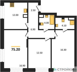 Планировка трехкомнатной(квартира) площадью 75.2 квадратных метров в ЖК “ЖК Shagal (Шагал)”