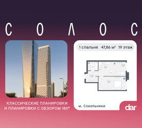 Планировка однокомнатной(квартира) площадью 47.86 квадратных метров в ЖК “ЖК Солос”