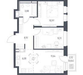 Планировка двухкомнатной(квартира) площадью 51.51 квадратных метров в ЖК “ЖК Большое Путилково”