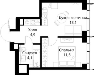 Планировка однокомнатной(квартира) площадью 33.7 квадратных метров в ЖК “ЖК Сити Бэй”