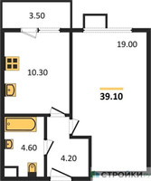 Планировка однокомнатной(квартира) площадью 39.1 квадратных метров в “ЖК Датский Квартал”