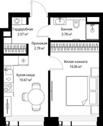 Планировка однокомнатной(квартира) площадью 33.86 квадратных метров в ЖК “ЖК Веер”