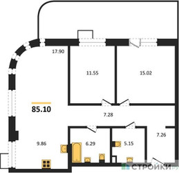 Планировка двухкомнатной(квартира) площадью 85.1 квадратных метров в ЖК “ЖК UNO Соколиная гора”