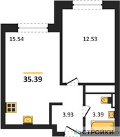 Планировка однокомнатной(квартира) площадью 35.5 квадратных метров в “ЖК Clementine (Клементин)”