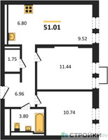 Планировка двухкомнатной(квартира) площадью 51.01 квадратных метров в “ЖК Квартал Строгино”