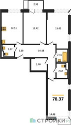 Планировка трехкомнатной(квартира) площадью 78.37 квадратных метров в ЖК “ЖК Квартал Марьино”