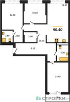 Планировка трехкомнатной(квартира) площадью 90.4 квадратных метров в “ЖК Первый квартал”