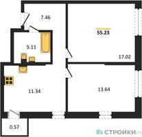 Планировка двухкомнатной(квартира) площадью 54.8 квадратных метров в “ЖК Self (Селф)”