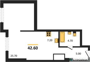 Планировка студии(квартира) площадью 42.6 квадратных метров в “ЖК Крылатская 33”