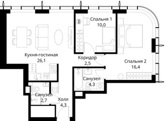Планировка двухкомнатной(квартира) площадью 66.3 квадратных метров в ЖК “ЖК Сити Бэй”