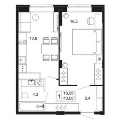 Планировка однокомнатной(квартира) площадью 43 квадратных метров в ЖК “ЖК Времена года”