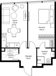 Планировка однокомнатной(квартира) площадью 47.3 квадратных метров в ЖК “ЖК ОНЕ”