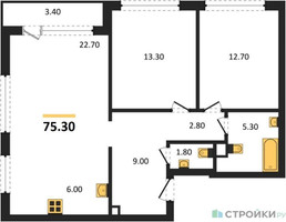 Планировка двухкомнатной(квартира) площадью 75.3 квадратных метров в “Квартал Филатов луг”
